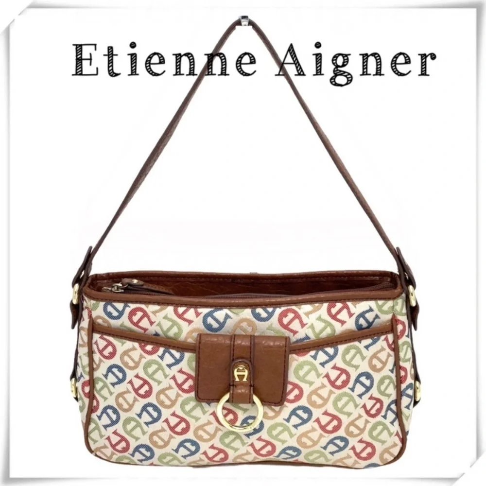 ETIENNE Aigner Vintage Multi Logo Canvas Hobo Shoulder Bag
